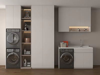 Elegant Modern Bathroom Cabinet Rack With White Storage Shelves And Washing Machine 3d model