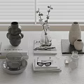 Modern Decorative Ornament Set Including Vases Books Glasses Tray And Candle On White Table