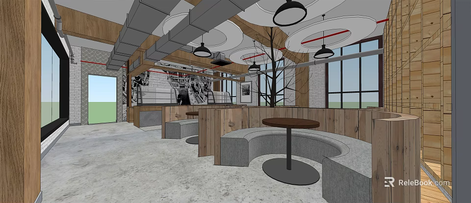 Industrial Style Cafe Interior With Open Layout Wooden Walls Curved Booths And Round Pendant Lights 3d model 