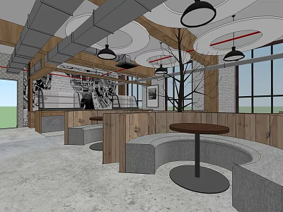 Industrial Style Cafe Interior With Open Layout Wooden Walls Curved Booths And Round Pendant Lights 3d model