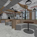 Industrial Style Cafe Interior With Open Layout Wooden Walls Curved Booths And Round Pendant Lights