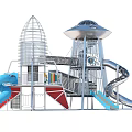 Outdoor Garden Landscape With Flying Saucer Shaped Tower Rocket Structure And Slides