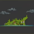 Cartoon Scene Featuring Green Island Blue Water Trees Houses And Fluffy Clouds