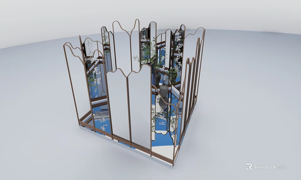 Cubic Mirrored Frame Structure Interior With Reflective Surfaces And Green Plants 3d model 