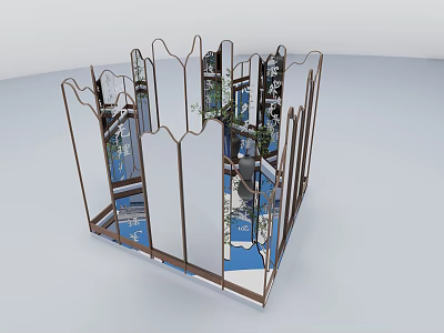 Cubic Mirrored Frame Structure Interior With Reflective Surfaces And Green Plants 3d model
