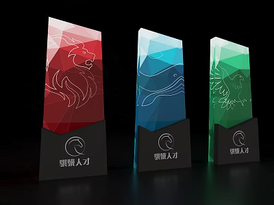 Transparent Colorful Sculpture Carving Trophies Featuring Lion Whale Dragon Designs And Black Base 3d model