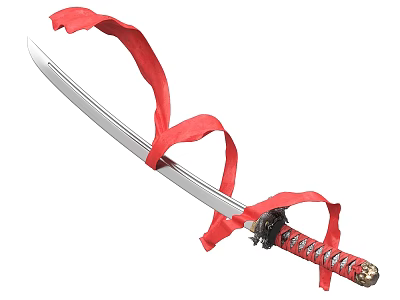 Traditional Decorative Sword With Silver Blade And Red Ribbons On Handle 3d model