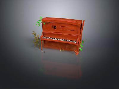 Red Wooden Piano With Black Keys Green Plants And Small Object 3d model