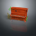 Red Wooden Piano With Black Keys Green Plants And Small Object