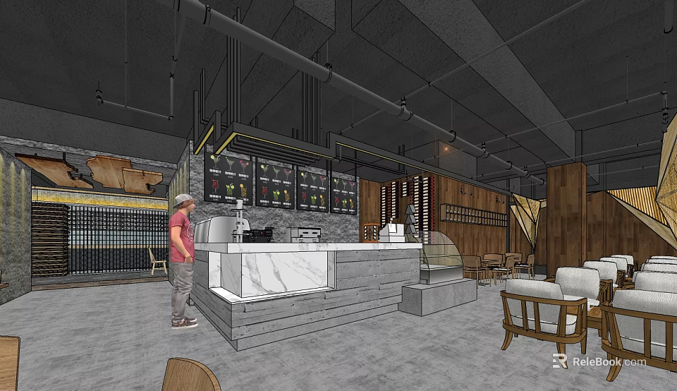 Modern Hotpot Restaurant Interior With Industrial Style Marble Counter Wooden Walls And Display Shelves 3d model 