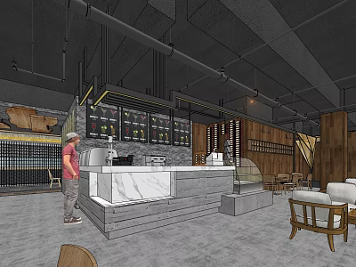 Modern Hotpot Restaurant Interior With Industrial Style Marble Counter Wooden Walls And Display Shelves 3d model