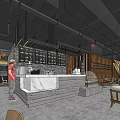 Modern Hotpot Restaurant Interior With Industrial Style Marble Counter Wooden Walls And Display Shelves