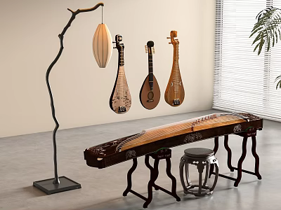 Entertainment Appliance Guzheng Musical Setup With Traditional Instruments And Floor Lamp 3d model