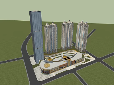 Modern Commercial Complex With Tall Buildings And Retail Center Surrounded By Roads 3d model