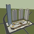 Modern Commercial Complex With Tall Buildings And Retail Center Surrounded By Roads