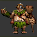 Horned Muscular Game and Movie Character In Green Leaf Outfit Holding Weapon With Magic Aura