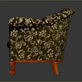 Vintage Classic Chair Design With Dark Floral Fabric Orange Wooden Armrests And Carved Legs