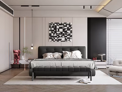 Modern Bedroom Interior With Black Leather Bed Abstract Art Nightstand And Window Blinds 3d model