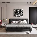 Modern Bedroom Interior With Black Leather Bed Abstract Art Nightstand And Window Blinds