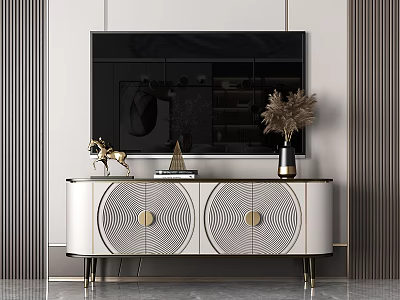 Modern White And Gold TV Stand With Circular Panels Golden Knobs And Decorative Items 3d model