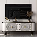 Modern White And Gold TV Stand With Circular Panels Golden Knobs And Decorative Items