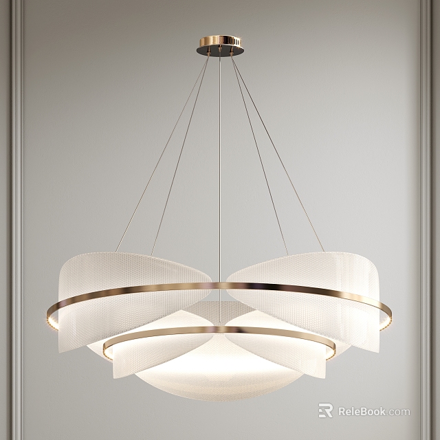 Modern Chandelier With White Shade And Metal Ring Hanging From Ceiling In Minimalist Style 3d model 