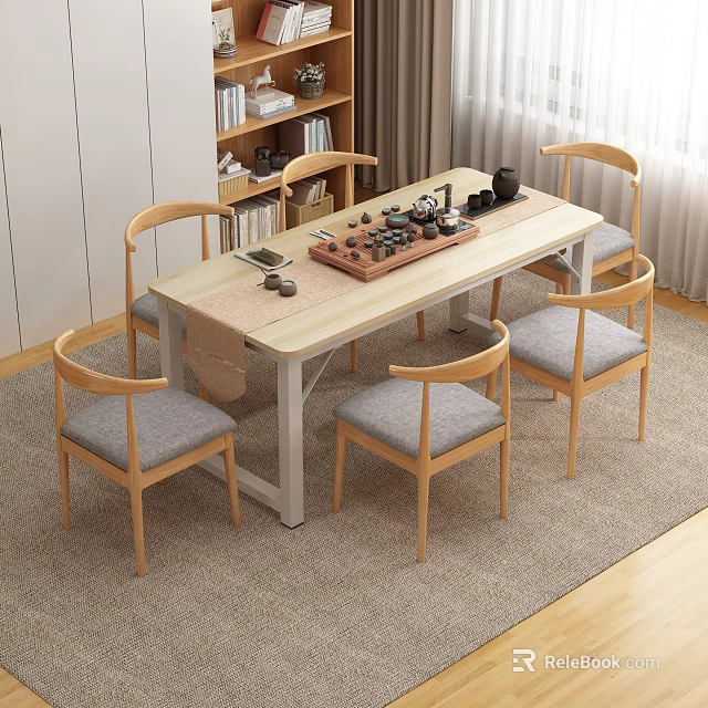 Wooden Tea Table and Chairs with Gray Cushions Chessboard and Tea Set in Cozy Room 3d model 