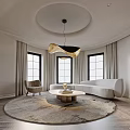 Modern Circular Living Dining Room With White Sofa Round Coffee Table Brown Chair And Chandelier