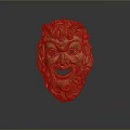 Wooden Mythical Mask With Horns Curly Hair And Grinning Expression Artwork