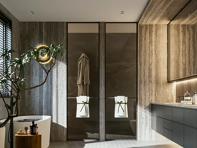 Modern Bathroom Interior Design With Glass Shower Enclosure Wooden Walls And Bathtub Mirror 3d model