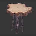 Natural Edge Wooden Dining Table With Tree Stump Slice Top And Black Metal Stand
