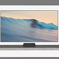 Sleek Modern Television With Blue Wave Mountain Scene On Concrete Stand