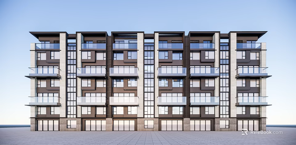 Modern Townhouse Exterior Facade Design With Multiple Balconies And Glass Windows 3d model 