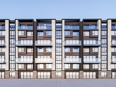 Modern Townhouse Exterior Facade Design With Multiple Balconies And Glass Windows 3d model