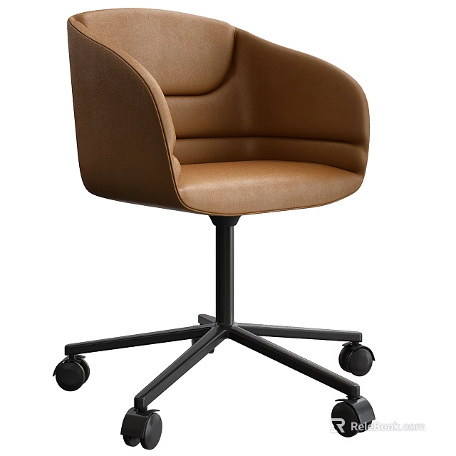 Modern Brown Leather Office Chair With Curved Backrest And Black Wheels 3d model 
