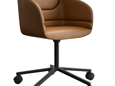Modern Brown Leather Office Chair With Curved Backrest And Black Wheels 3d model