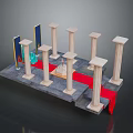 Classical Architectural Columns Display With Stone Pedestals And Red Decorative Strip On Platform