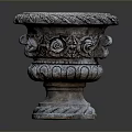Decorative Stone Planter With Carved Floral Patterns And Intricate Base Details
