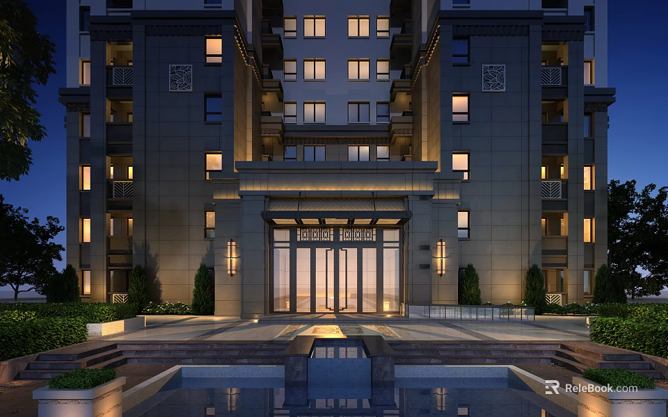 Modern High Rise Building Main Entrance Gate With Illuminated Design And Water Feature 3d model 