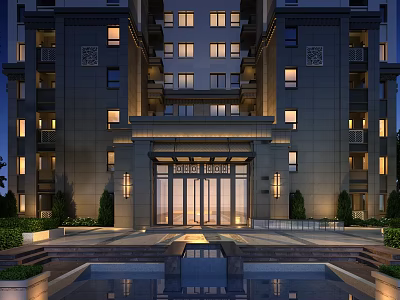 Modern High Rise Building Main Entrance Gate With Illuminated Design And Water Feature 3d model