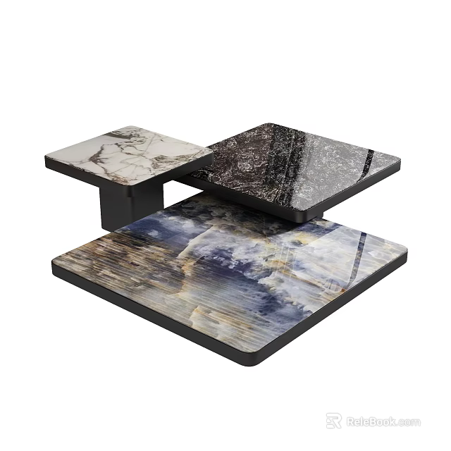 Modern Layered Coffee Table With Black White Blue Marble Textured Surfaces 3d model 