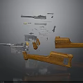 Disassembled Firearm 3D Model Display With Wooden Grips Magazine Barrel Components