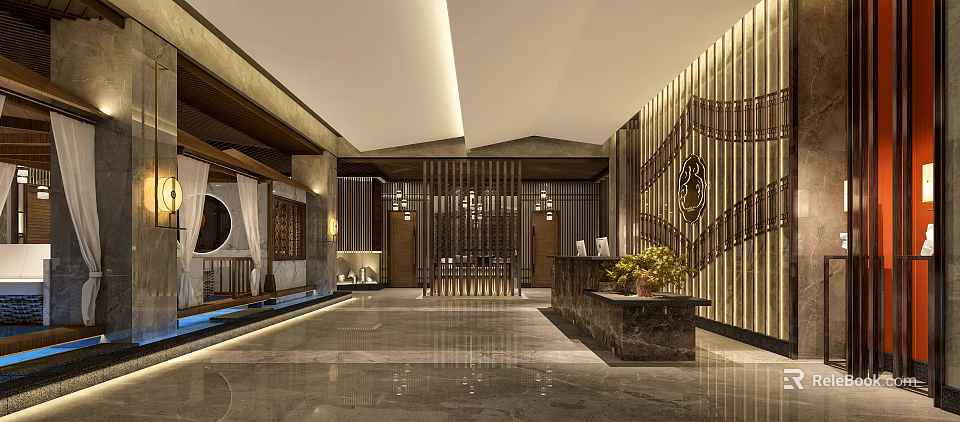 Luxurious SPA Sauna Interior With Wooden Elements Marble Flooring And Reception Area 3d model