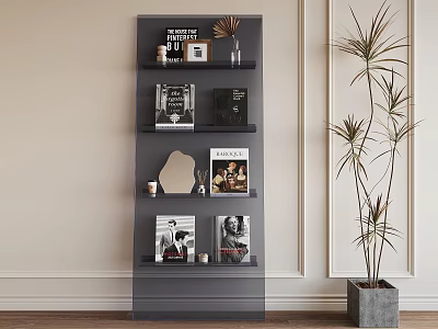 Stylish Storage Shelf Displaying Books Photo Frames and Decorative Items Near Tall Plant 3d model