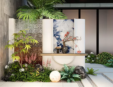 Modern courtyard garden wall background glass wall landscape entrance screen partition 3d model
