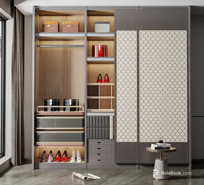 Modern Wardrobe Design With Patterned Sliding Doors Wooden Shelves Drawers And Shoe Storage 3d model 