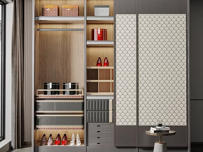 Modern Wardrobe Design With Patterned Sliding Doors Wooden Shelves Drawers And Shoe Storage 3d model