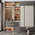 Modern Wardrobe Design With Patterned Sliding Doors Wooden Shelves Drawers And Shoe Storage