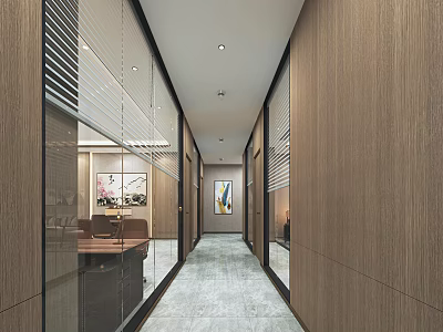Modern Office Corridor Interior With Wooden Walls Glass Partitions And Decorative Paintings 3d model