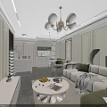 Modern Living And Dining Room With White Sofa Green Cushions Round Coffee Table And Chandelier